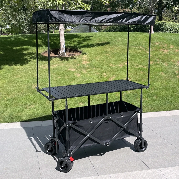 Portable Food Stall Wagon Hawker Cart Foldable Utility Cart with Folding Table Mobile Shop With Sunshade Tent