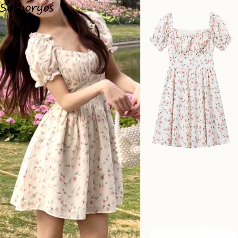 

Mini Dress Women Summer Floral Gentle Prairie Chic Puff Sleeve Hotsweet Tender Aesthetic High Waist Streetwear Students Holiday