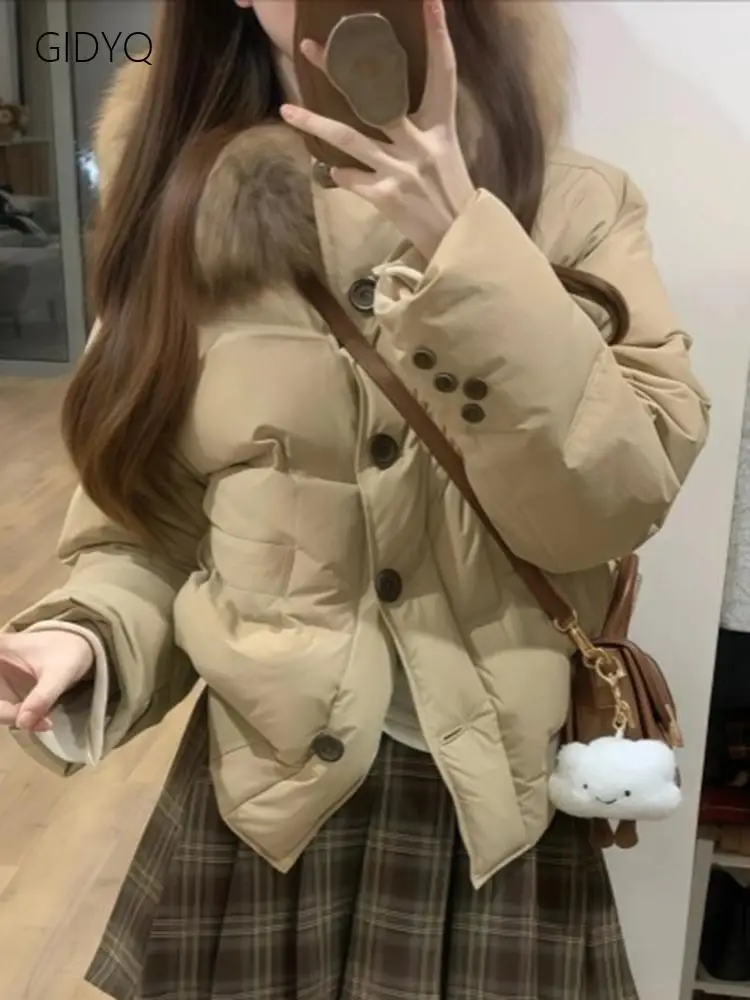 Preppy Style Sweet Parkas Women Winter Warm Thick Long Sleeve Loose Cotton Coat Cute Solid Casual Hooded Buttons Jacket Outwear