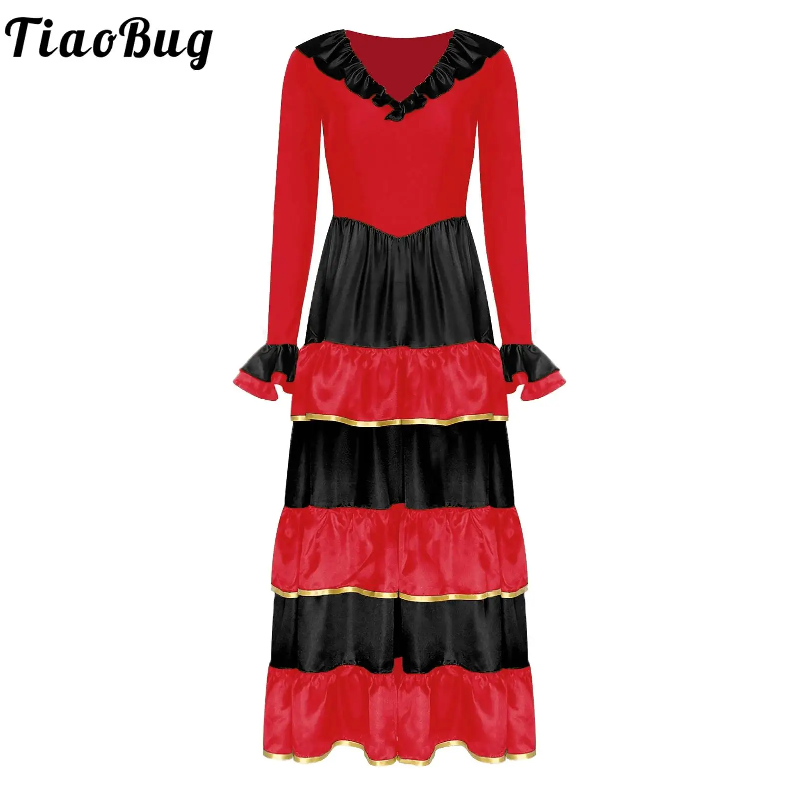 Spanisches Flamenco-Tanzkleid für Damen, gestuft, gerüscht, Kontrastfarbe, große Schaukel, langärmelig, Maxikleid für Gesellschaftstanz, Party