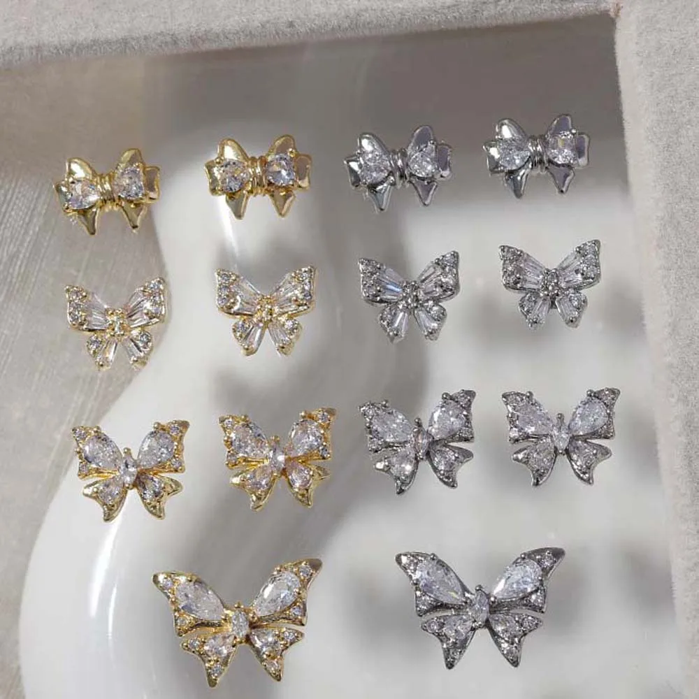 Decoraciones para uñas de mariposa con lazo, adornos para manicura, Color dorado y plateado, 3D