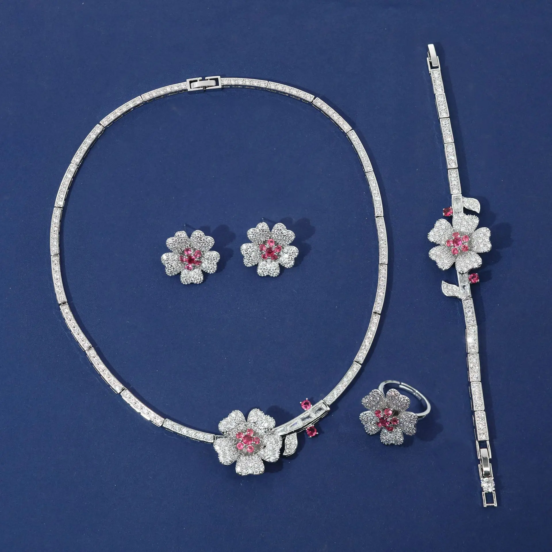 Korean Style Flower Zircon Necklace Bride Necklace Ear Bracelet Ring Evening Wedding Dress Set Accessories