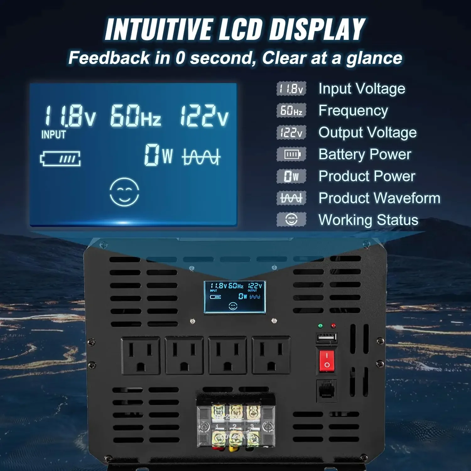 Pure Sine Wave Inverter, 5000 Watt, Power Inverter, DC 12V to AC 120V Car Inverter, with LCD Display