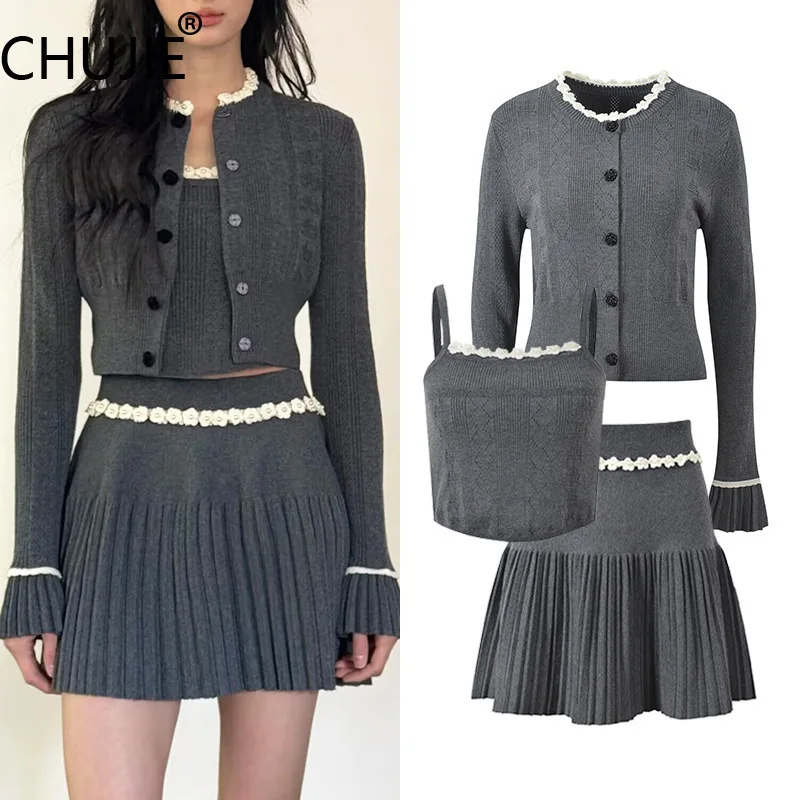 

CHUJIE Fall 2025 French Style 3-Piece Set, Lace Trim Knit Cardigan & Camisole & Mini Skirt, Slim Waist Outfit