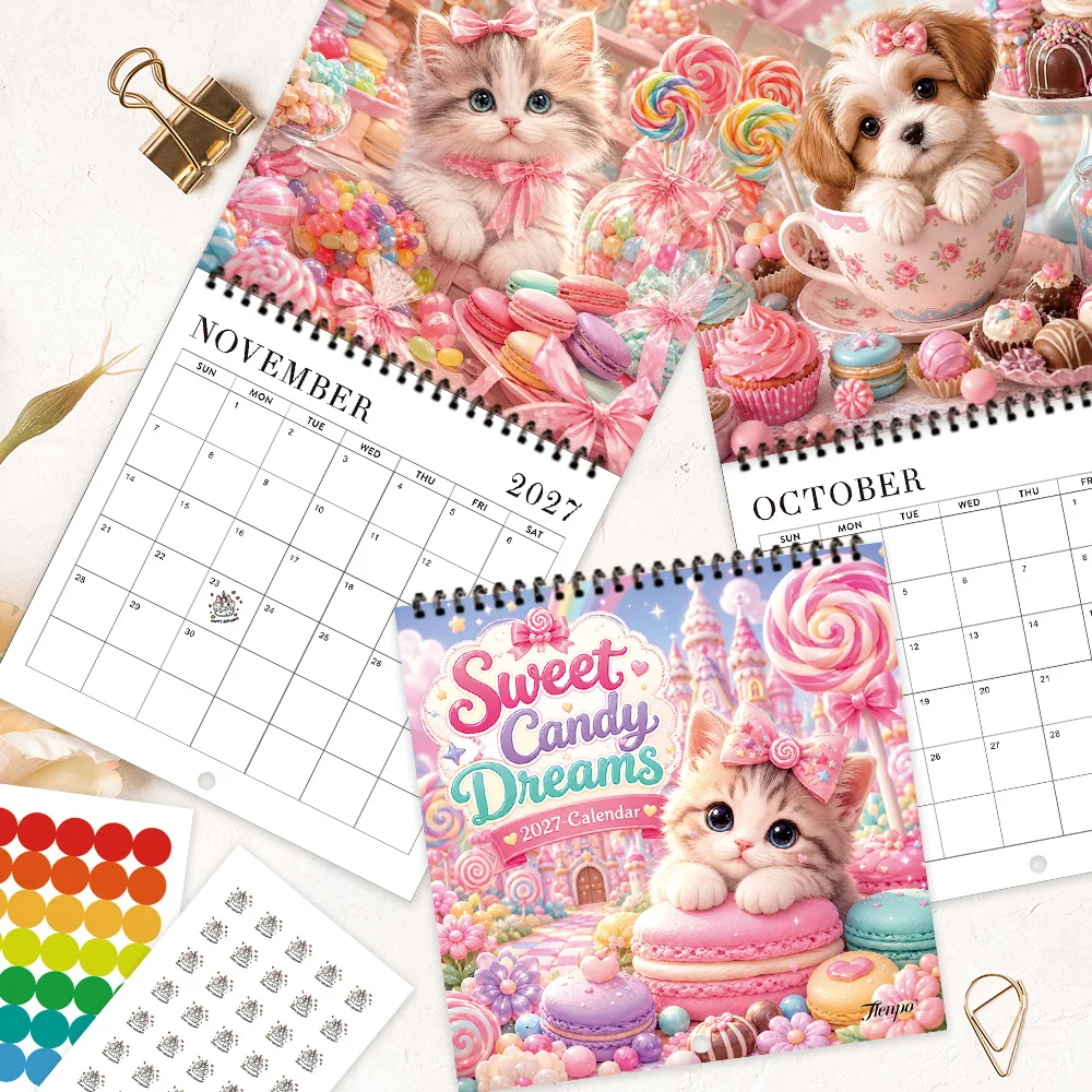 1pc 2027 Cute Pink Girl Wall Calendar,12‑Month Planner,Gift For Back‑to‑School,Christmas,New Year,Free Stickers Included
