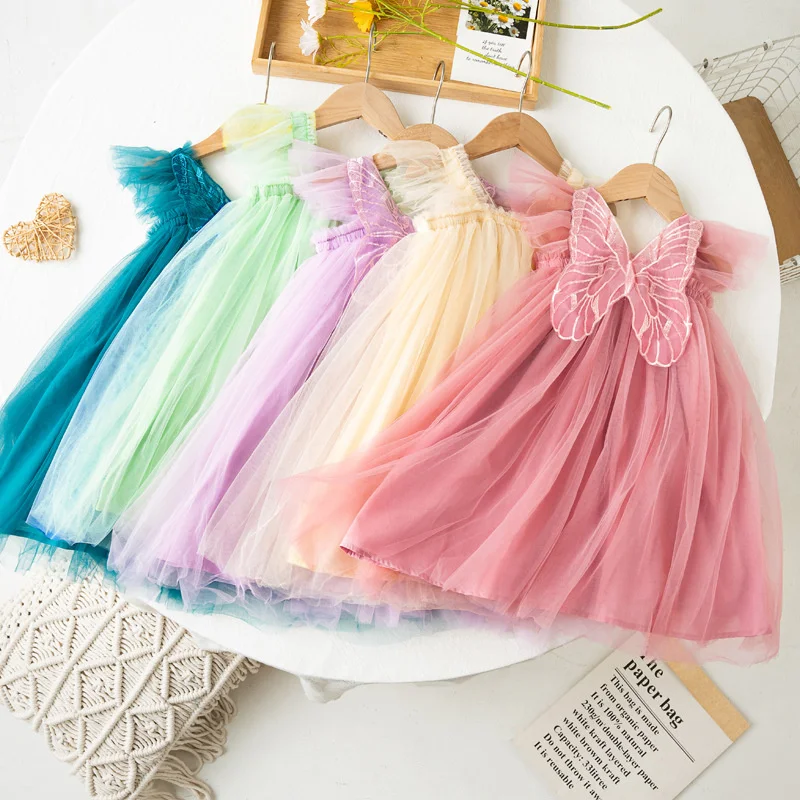 Children's Girls Dresses With Wing Summer Sleeveless Lace Princess Clothes Soft Baby Tulle Dresses For Girls 2-8Y Clothing 2024