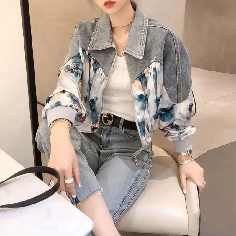 Female Clothing Ink Painting Denim Patchwork Coats Casual Spring Autumn New Korean Loose Turn-down Collar Fashion Zipper Jackets