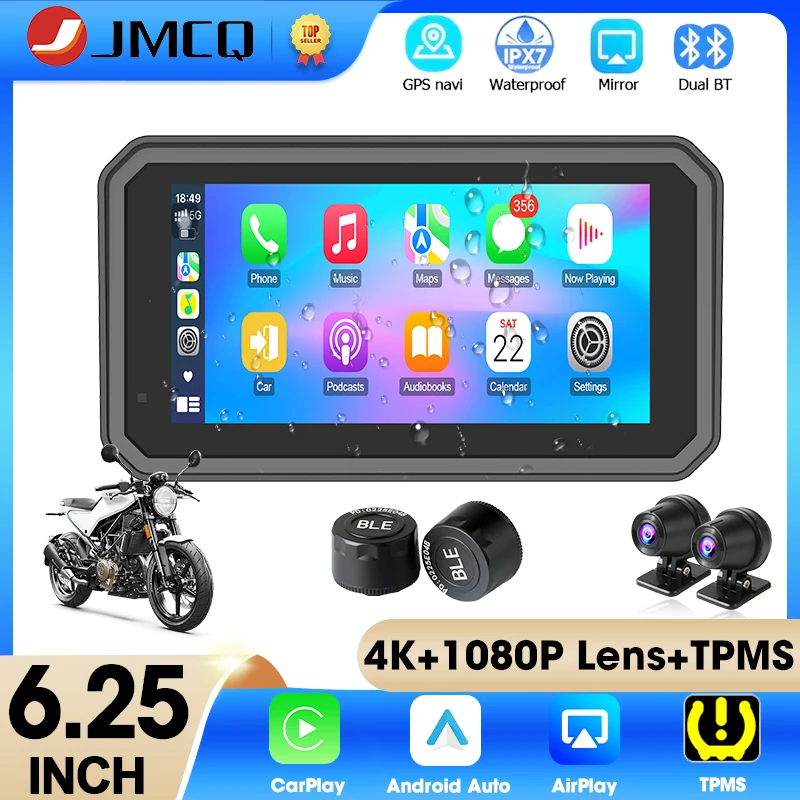 

6,25-дюймовый мотоциклетный GPS-навигатор, беспроводной CarPlay, Android Auto, IPX7, водонепроницаемый монитор, поддержка 4K + 1080P, двойной объектив, видеорегистратор