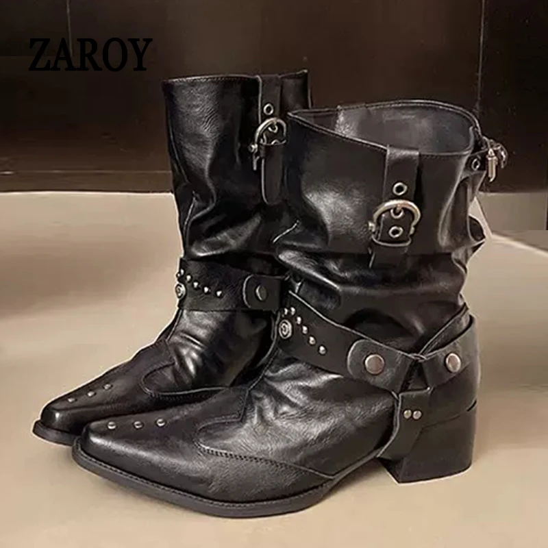 ZAROY Rivet Punk Pleated Short Boots Women Square Heels Pointed Toe Wide Tube Casual Boots Y2K Belted Buckle Motorcycle Boots