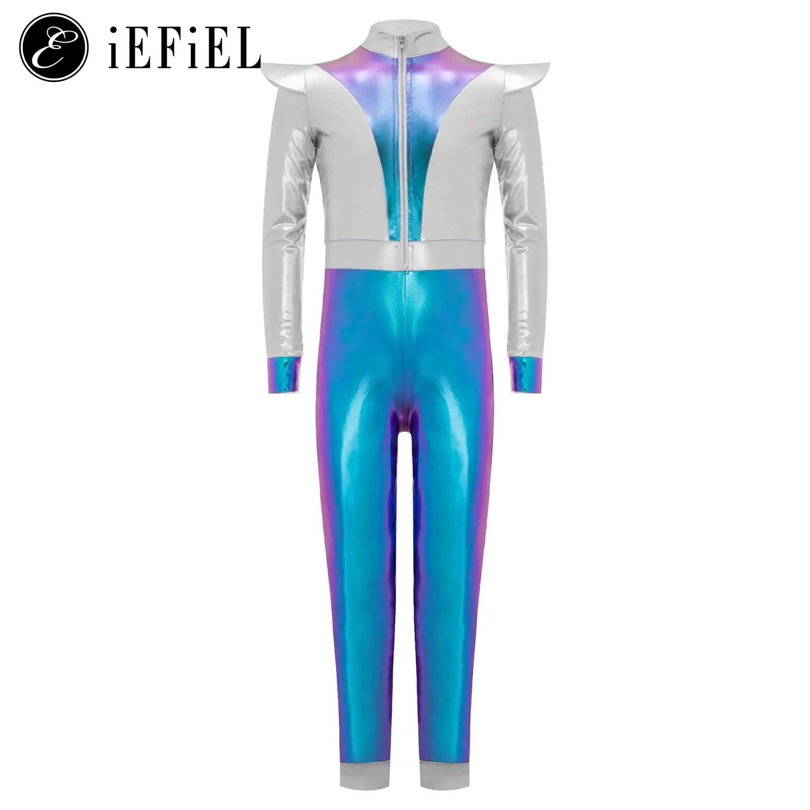 

Unisex Boys Girls Alien Outerspace Robot Galaxy Guard Cosplay Costume Metallic Long Sleeve Mock Zip Up One Piece Dance Unitard