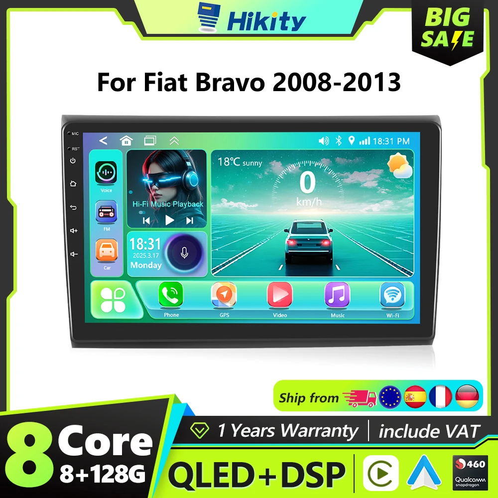 المشي لمسافات طويلة راديو السيارة اللاسلكية Carplay أندرويد السيارات واي فاي سيارة ستيريو مشغل فيديو لشركة فيات برافو 2008-2013 راديو أندرويد شاشة 9 بوصة
