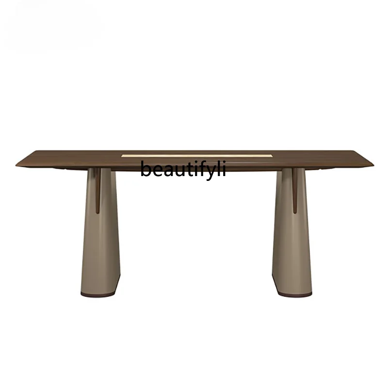 

Italian Design Solid Wood Leather Long Table Conference Table Modern Light Luxury Simple Model Room Villa