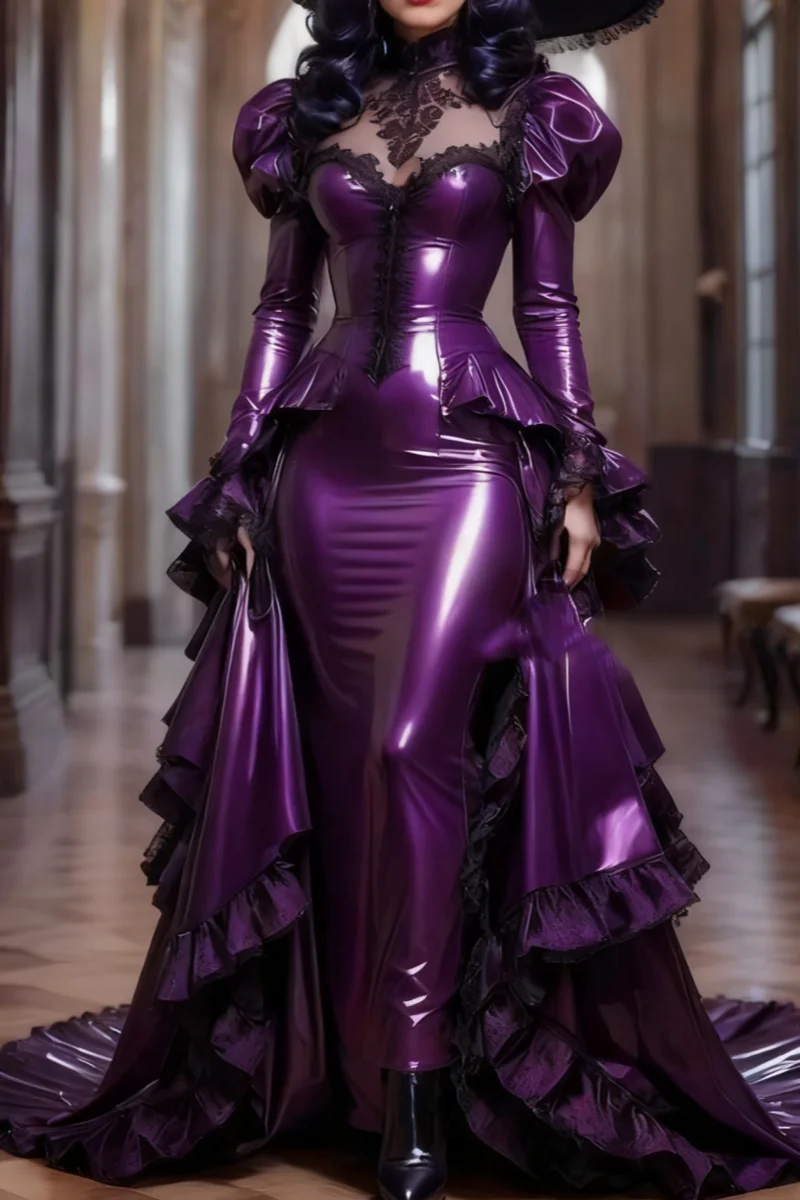 Paarse ruches sleep met lange mouwen en vloerlengte zwart kant geborduurd vintage middeleeuwse stijl speciale galajurk op maat