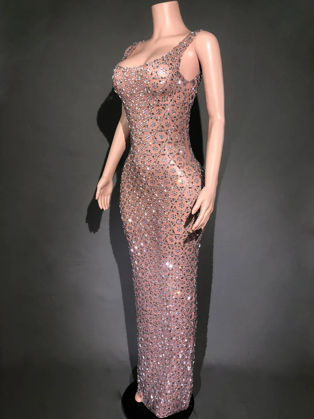 Sparkly Rhinestones Sexy Mesh See Through Sleeveless Evening Prom Celebrate Birthday Dress Photo Shoot Show Stage Wear