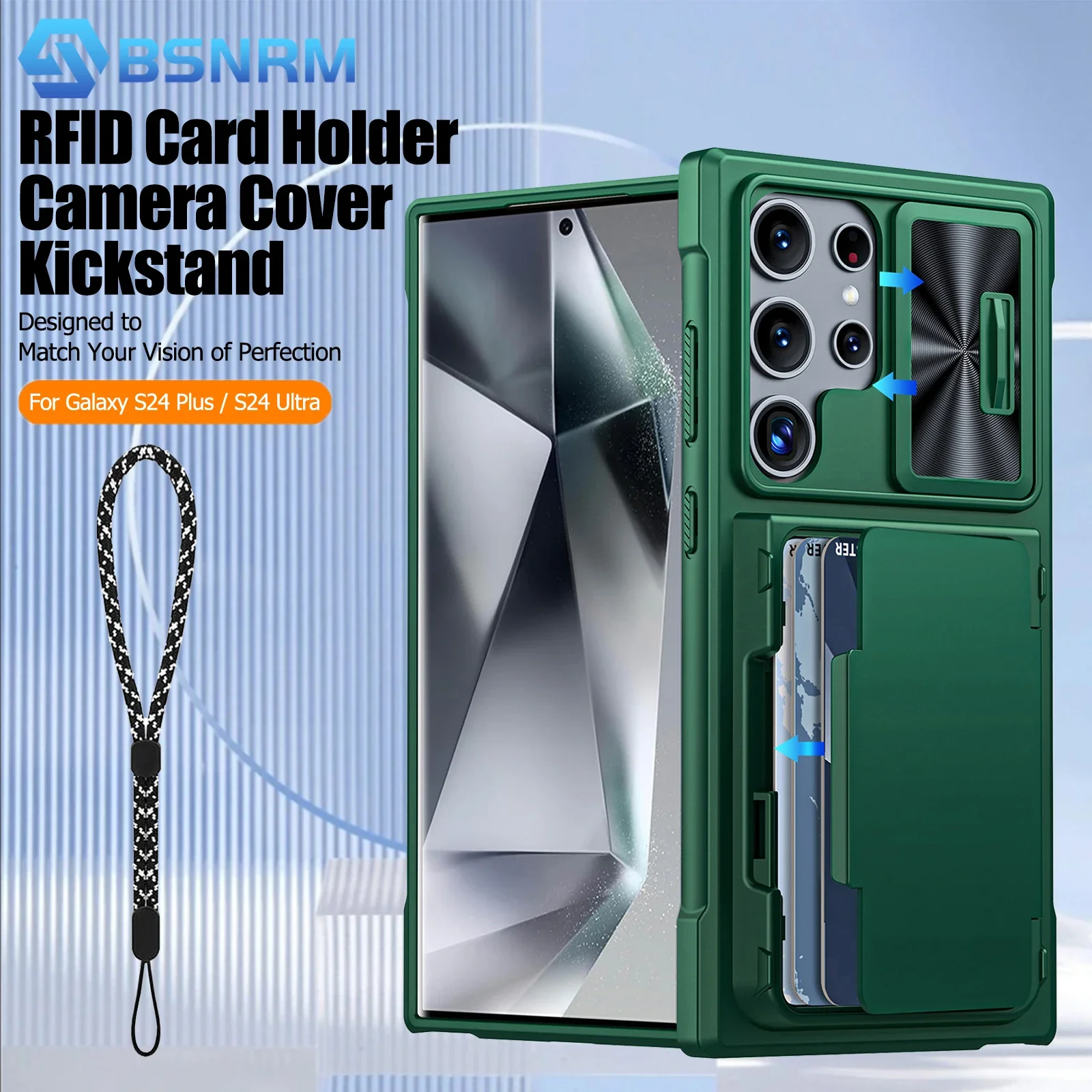 

Чехол для телефона Samsung Galaxy S24 Ultra, раздвижной чехол для камеры, держатель для карт, полное покрытие, противоударный чехол из ТПУ, зеленый