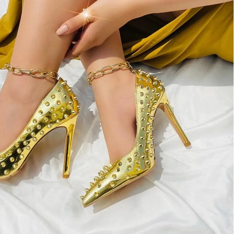 

Luxury Golden Rivets High Heel Shoes Pointed Toe Shallow Slip On Metallic Leather Full Spikes Evening Party Shoes