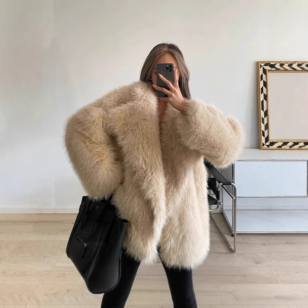 

New Autumn Winter Lapel Fur Coat Artificial Fur Jacket Loose Mid-length Jacket Women's Clothing