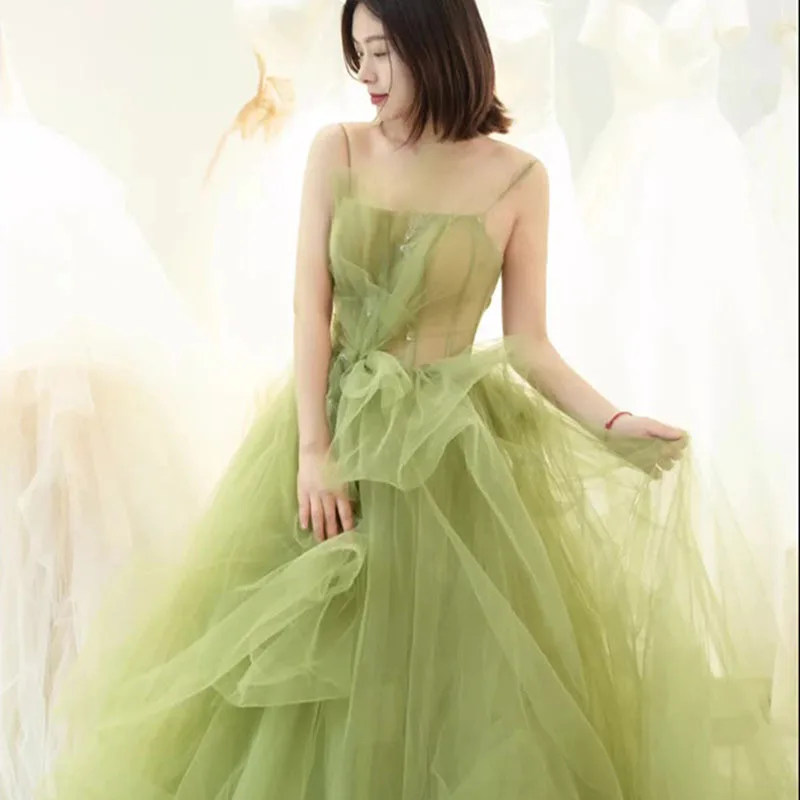 Green A Line Wedding Dress Fashion Sexy Spaghetti Straps Colorful Robe De Mariee Simple Tulle Vestido De Festa Customized