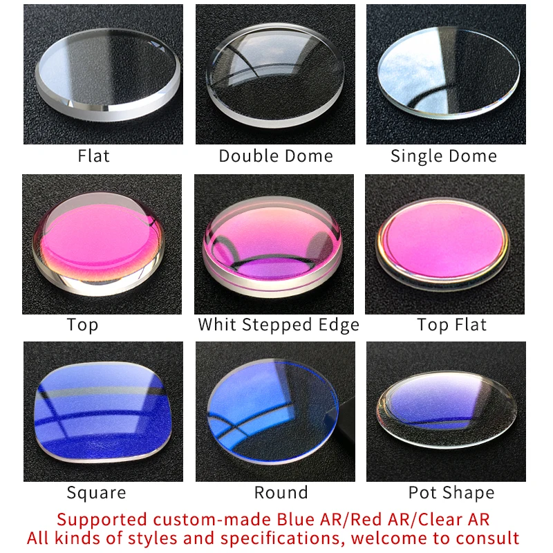 Custom Sapphire Mineral Crystal Wholesale Watch Glass Blue AR Clear Red AR-Coating Flat Single Double Dome Top Square Size Parts