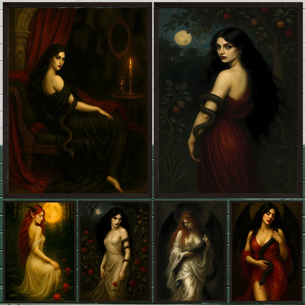 Arte de pared de diosa Lilith, decoración de pared gótica de poder femenino oscuro, retrato de Lilith de noche de bruja étira, póster artístico impreso para decoración del hogar
