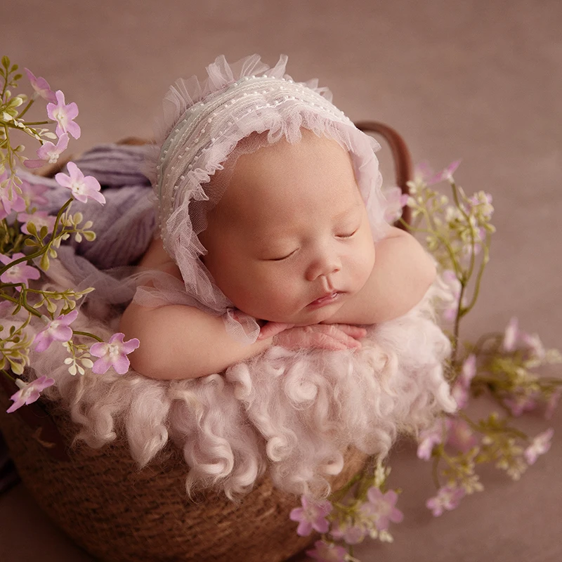 Fotografia noworodkowa Seersucker Wrap Miękki wełniany filcowy koc Baby Photo Head Flower Prop Baby Posing Basket Filler Akcesoria