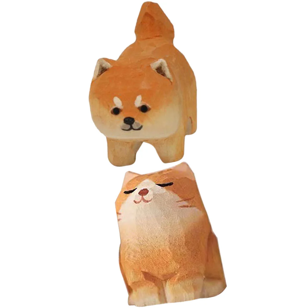 2 Pcs Decorations Orange Cat Shiba Inu Ornament Animal Wood Wooden Dog Ornaments