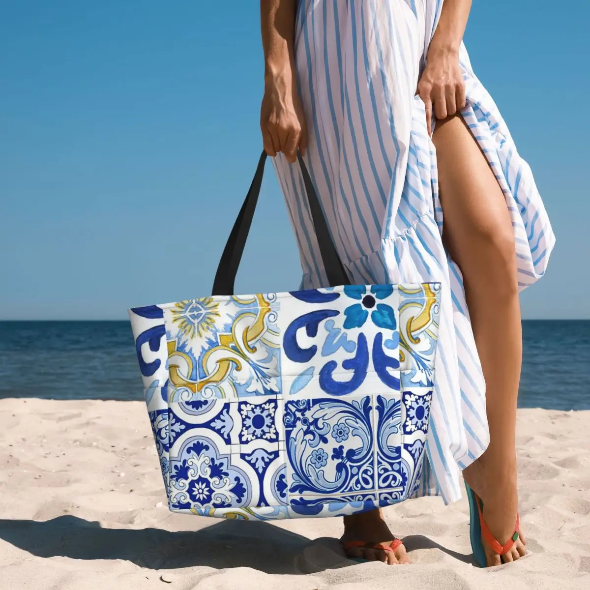 Sicilian Tiles,mediterranean,mosaic,lemons Beach Tote Bag Sport Gym Yoga Duffle Large Tote Bag Women Travel Bag Fitness bag