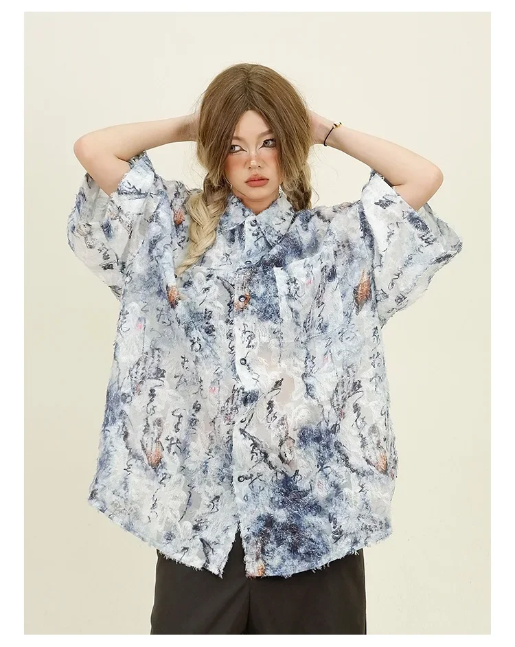 New Chinese Ink Short-sleeved Shirt Women 2024 Summer New Loose Bf Smudged National Style Burr