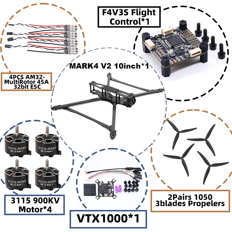 MARK4 V2 10inch F4V3S/F4V3S PLUS Flight Control 45/60A 4INI ESC Rack Drone FPV Carbon Fiber PV Racing Drone Quadcopter Freestyle view 4