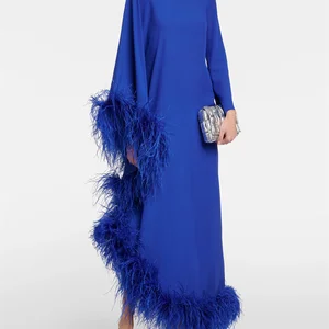 Asymmetrisches weibliches Kleid mit runden Ausschnitt, eleganter Abdeckung, Langarm, Knöchellänge mit Feder, Kleid für Frauen, Neuankömmling, 2024 8 Hauptverkäufe langer Kleidungskrepp - №7