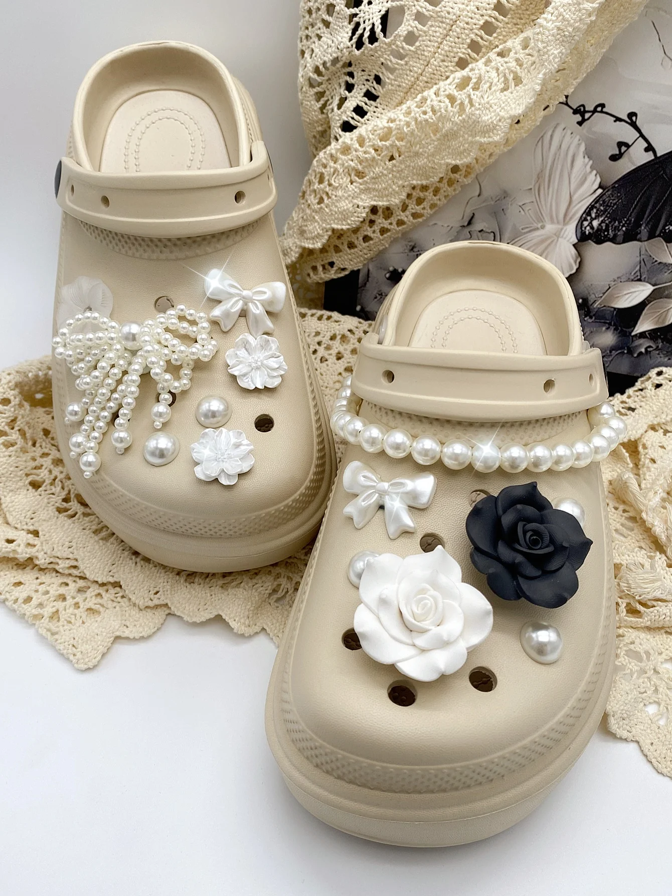 14 pieces of artificial pearl bow black and white rose fashionable DIY accessories, suitable for women's sandals, slippers, shoe