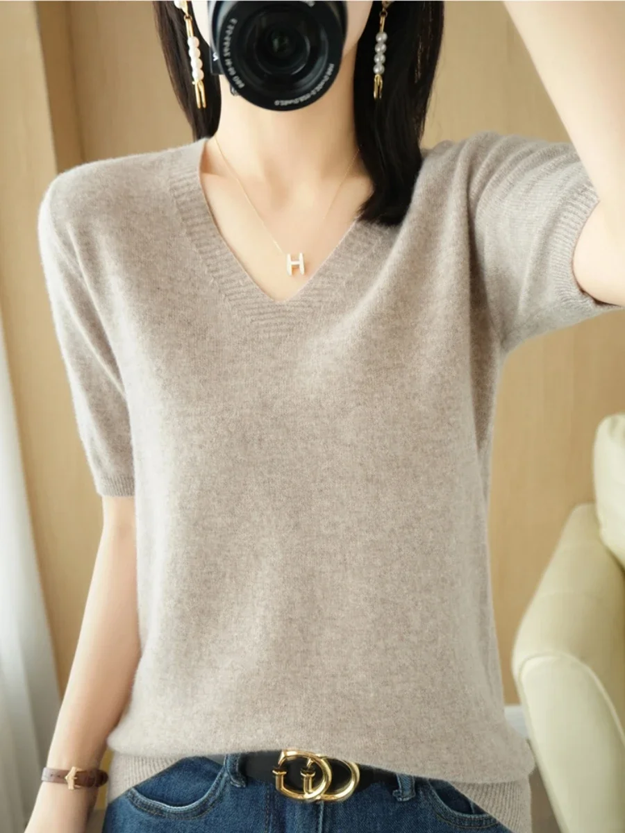 Casual Short Sleeve Sweater Women 2024 Spring Summer Knitted Tops Korean Fashion Knit Shirts Pullovers V-neck Soft Pull Jumpers