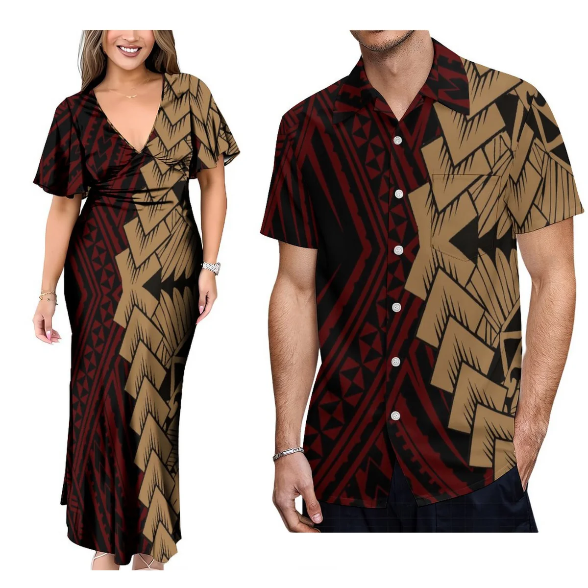 Polynesian V-Neck Ankle-Length Dress Tailored 3d Hd Pattern Samoa Hawaiian Tropical Men'S Aloha Shirt Couple Set