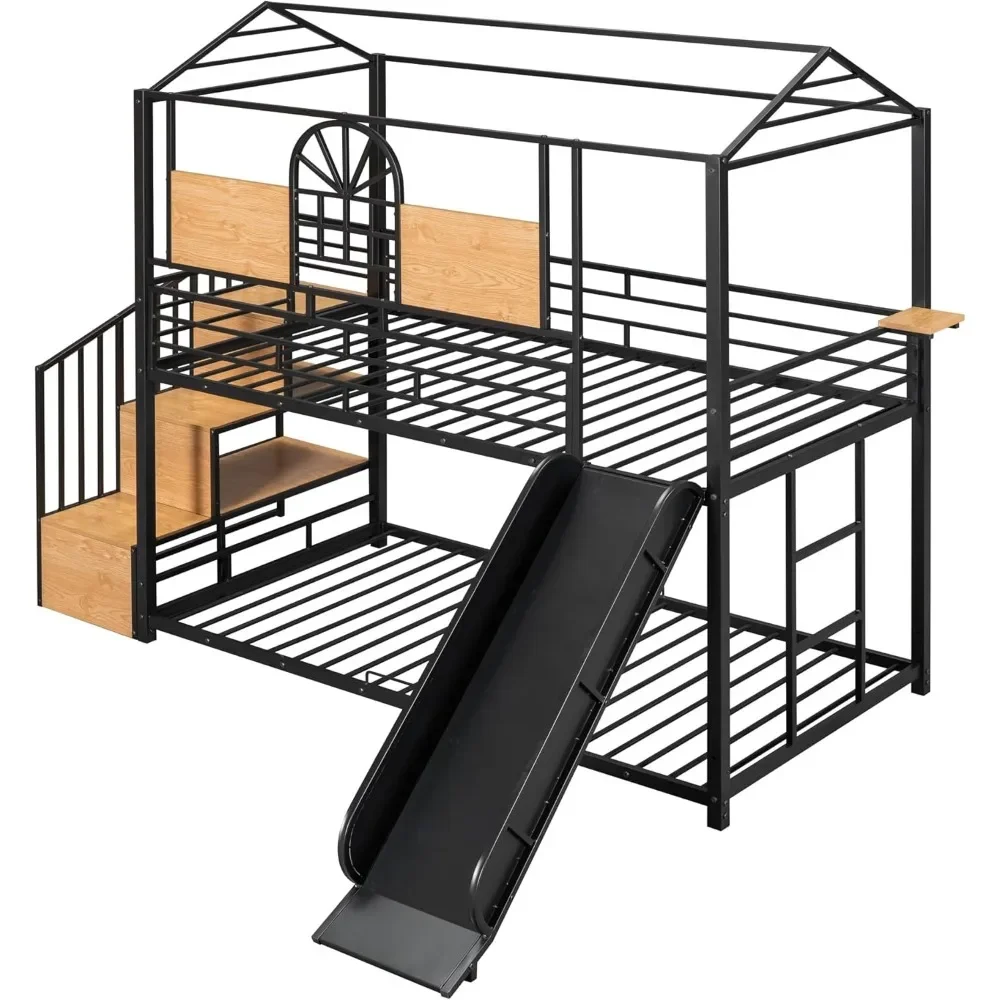 Litera de casa doble sobre doble, estructura de litera de metal con tobogán, escaleras y barandillas para niños, adolescentes, niñas, niños pequeños