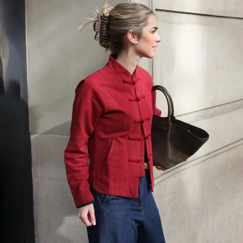 

Tsiisd Casual Fashion Cardigan Top For Women Chinoiserie Mandarin Collar Long Sleeve Commuting Streetwear Spring 2026 Female Top