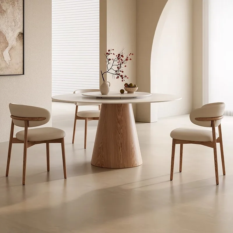 Cream wind solid wood rock slab round dining table, pure white with turntable modern simple household log