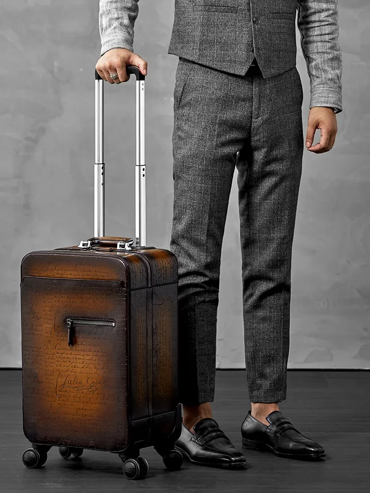 Men's trolley case leather business handmade high-end luxury universal wheel