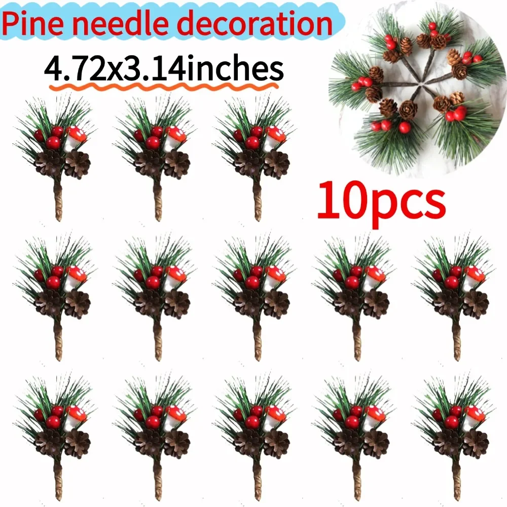 

10Pcs Artificial Christmas Red Christmas Berry Pine Cone With Holly Branches Xmas Gifts Home Party Decoration Flower Crafts