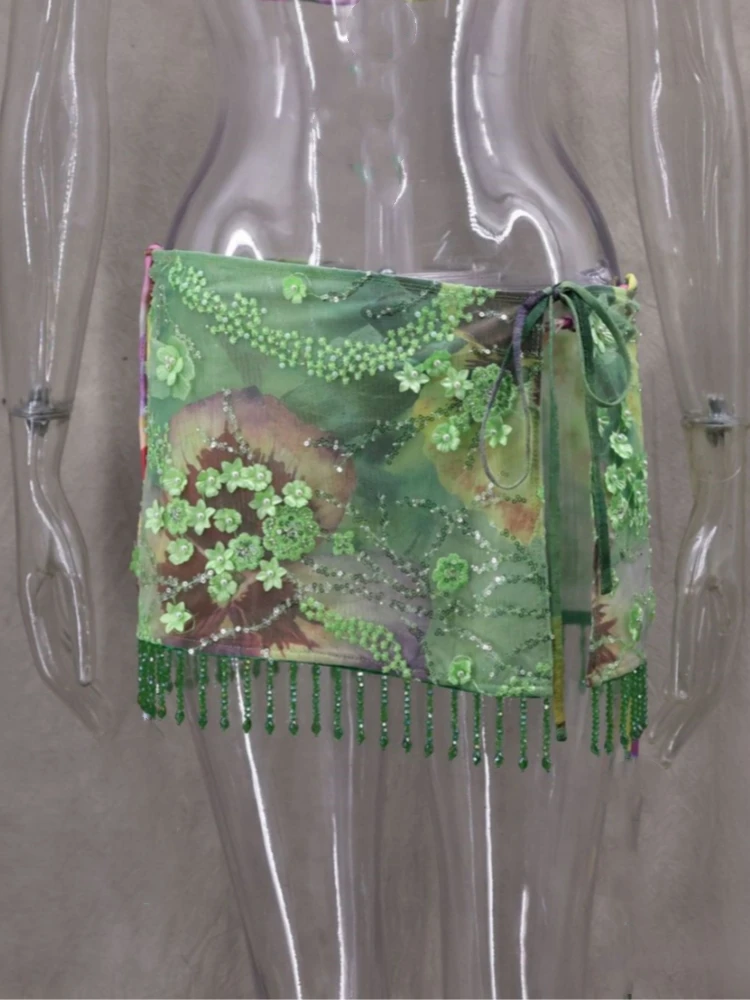 Faldas de playa verdes con lentejuelas y cuentas florales en 3D para mujer, falda Sexy de malla con cordones y borlas para playa, falda de fiesta para vacaciones, trajes de verano