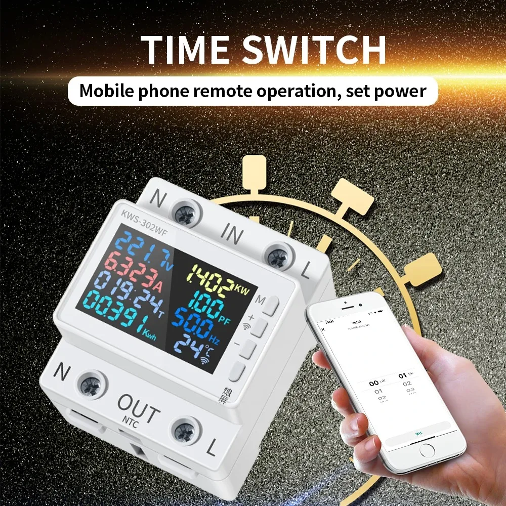 Tuya WiFi 8in1 Power Meter AC Energy Meter Digital Color Screen 2P 170-270V/63A Voltage Current Meter APP Relay Circuit Breaker