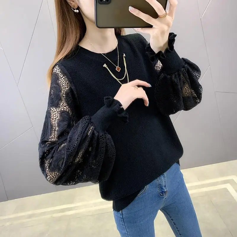 Lace Spliced Fashion Long Sleeve Loose Knitted Sweaters Ladies Commuter Thin Jumpers Autumn Elegant Women\'s Clothing for 2022