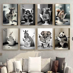 Funny Bathroom Humorous Animal Wall Decor Bear Dog Tiger Sitting on Toilet Reading Newspaper Poster Art Print Canvas Painting