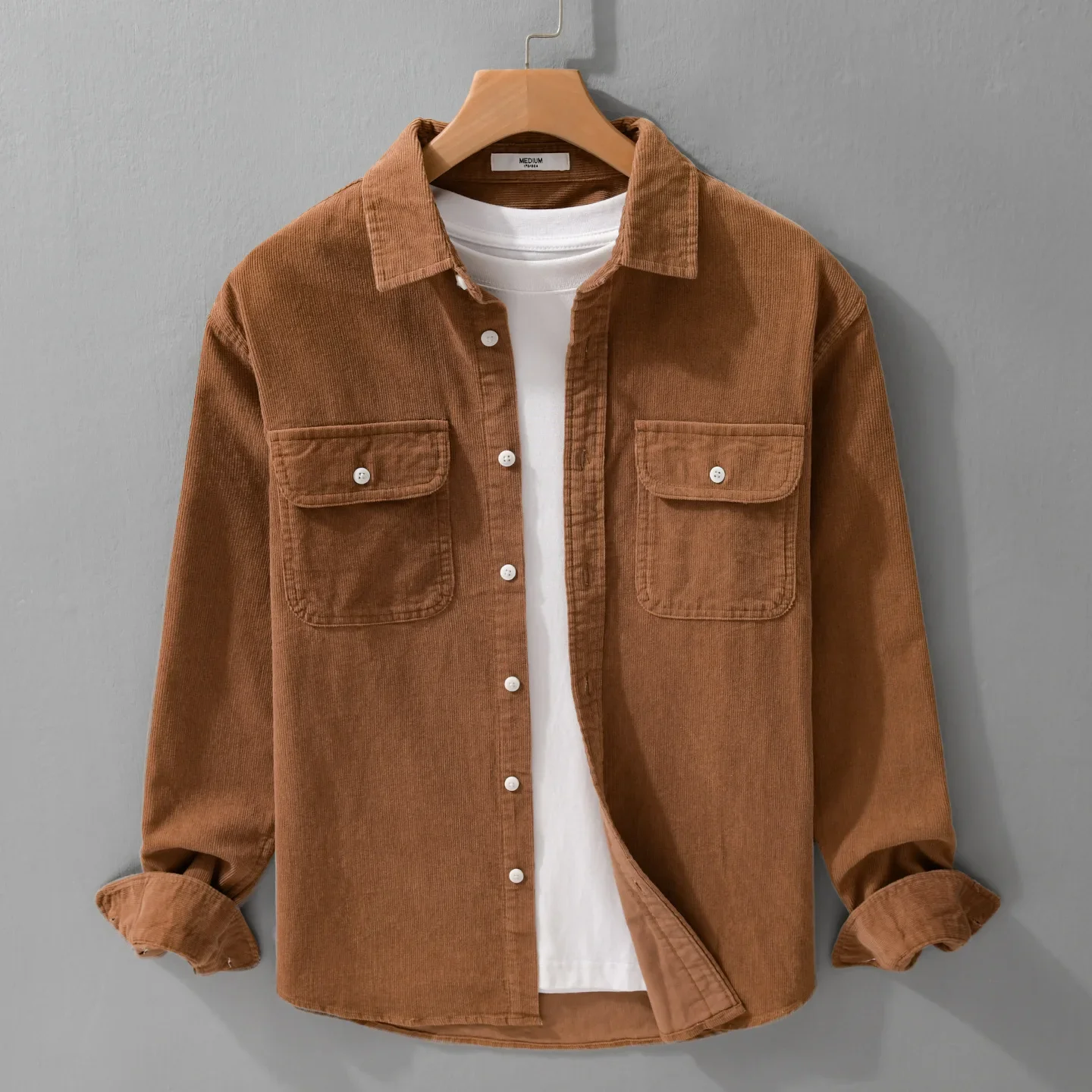 Japanese Vintage Cargo Shirt Men Autumn New Mens Long Sleeve Shirt Lapel Double Pockets Corduroy Shirt Pure Cotton Casual Jacket