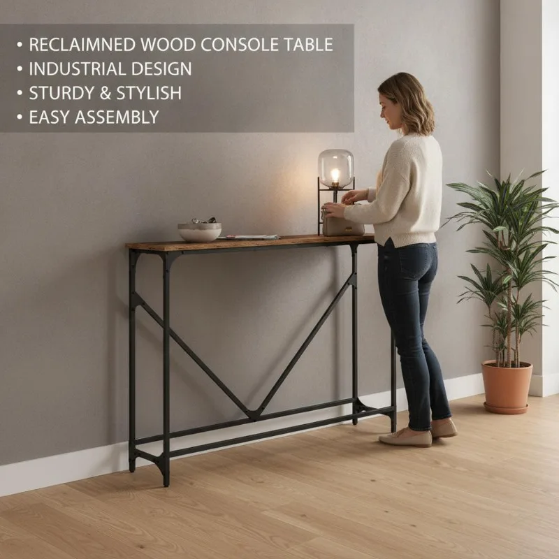 Console industrielle de 102 x 23 x 75 cm, plateau en bois d'ingénierie, pieds en acier réglables, design minimaliste, finition mate, pour salon, couloir, entrée, loft urbain, rangement et décoration