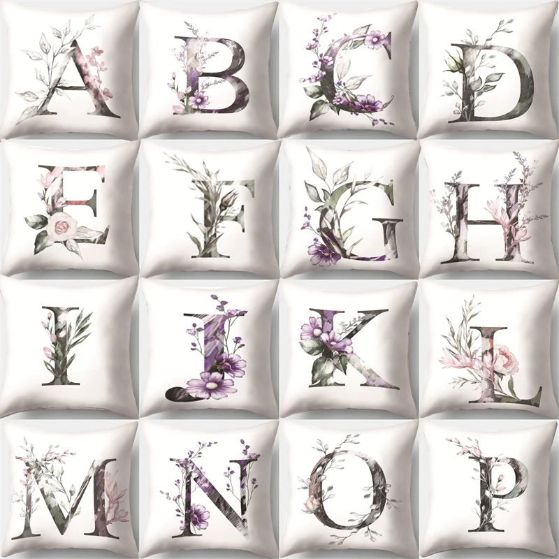 45x45cm Creative 26 English Alphabet Pillowcase Purple Flower Leaf Plant  Sofa Bedroom Decoration