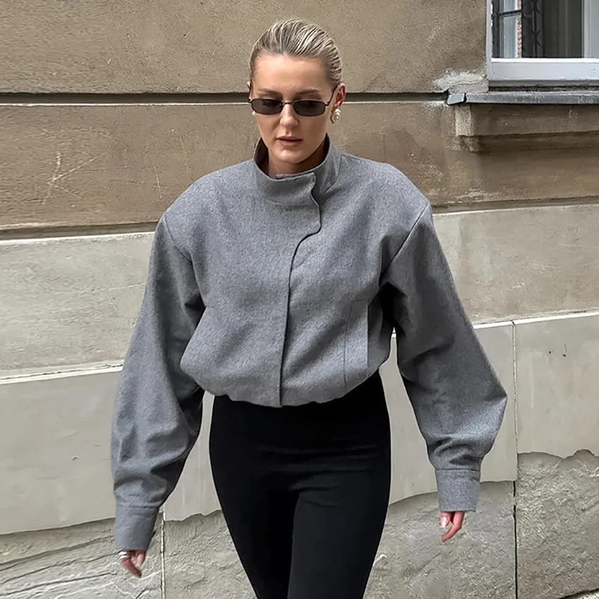 تنوعا رمادي الخريف المرأة معطف الصوف الوقوف طوق متبل زر مطاطا هيم سترة لسيدة نمط غير رسمي الإناث السترة