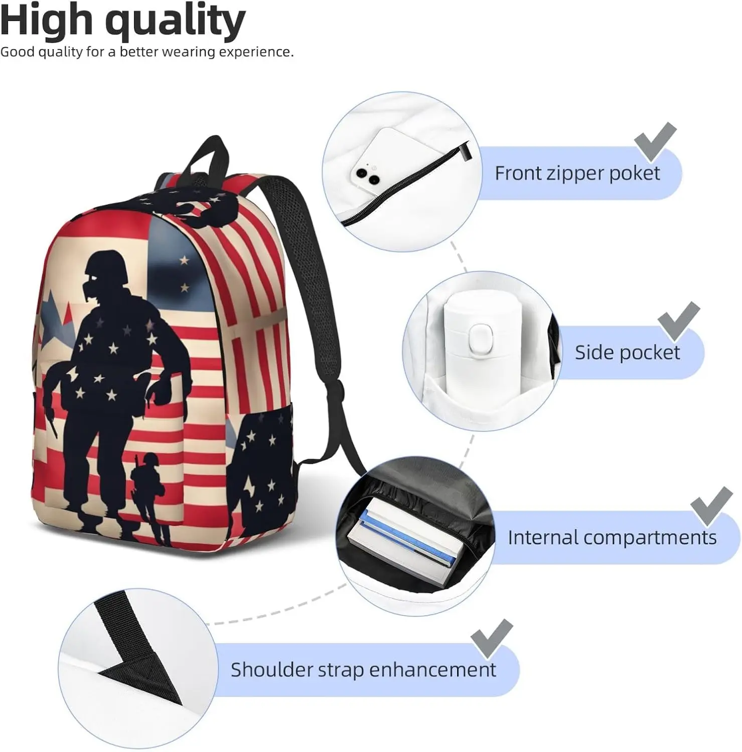 Us Military Soldiers Patriotic Memorial Day Print Stylish Canvas Backpack,Travel Backpack With Pockets,For Hiking And Daily Use