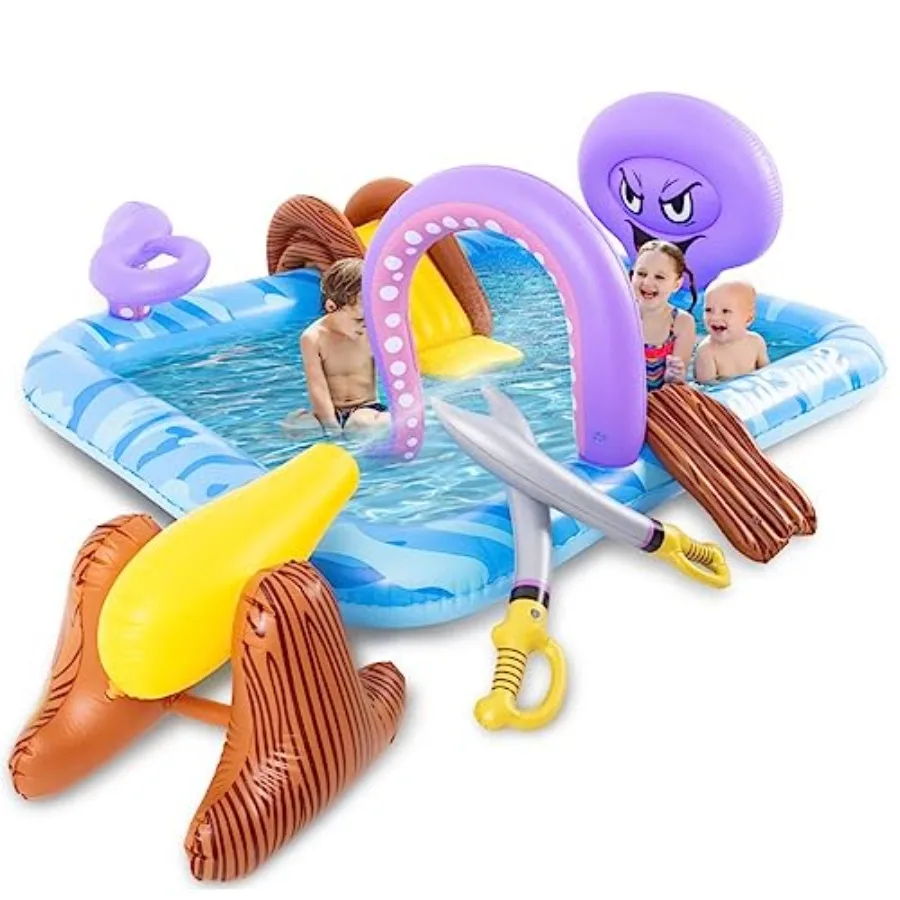 

Inflatable Play Center, Inflatable Octopus Spray Pool with Base Pool, Slide, Wooden Block, Octopus Blow up Water Slides for Adu