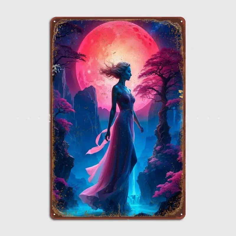 

Beautiful Red Moon Lady Decoration Bedroom Custom Tin Sign Metal Decor for Room Modern Home Decoration Accessories Art Mural