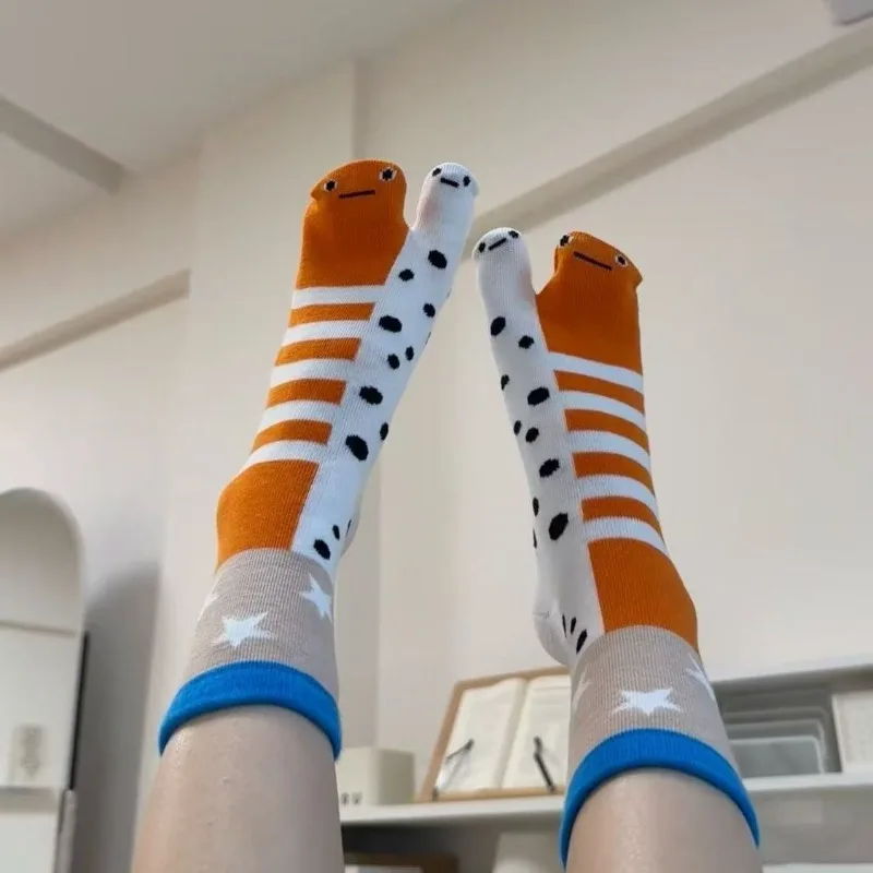 Neue 2-Paar niedliche, aalförmige, getrennte Zehensocken für Mädchen, lustige, tägliche Heimgebrauch, dünne Baumwoll-Mid-Tube-Paarsocken